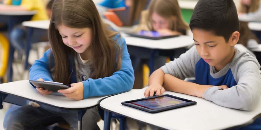 students using educational apps on tablets in classroom