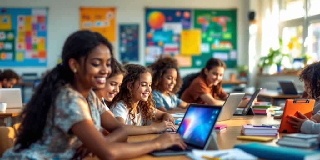 Estudantes usando tecnologia moderna em sala de aula.