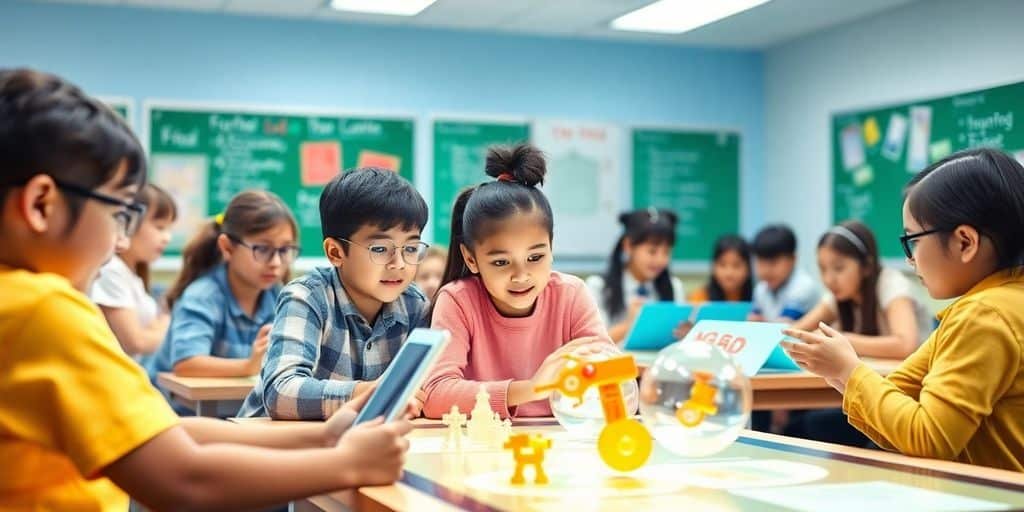 Sala de aula moderna com alunos interagindo com tecnologia.