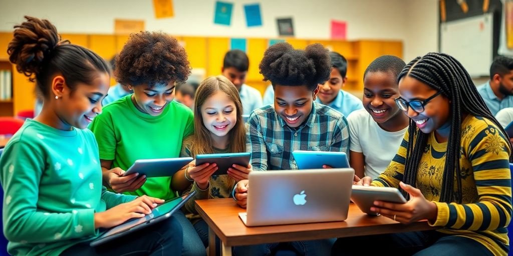 Crianças usando tecnologia para aprender em sala de aula.