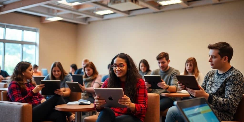 Alunos discutindo religião com tecnologia em sala de aula.