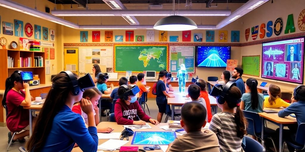 Sala de aula com alunos usando tecnologia 5D.